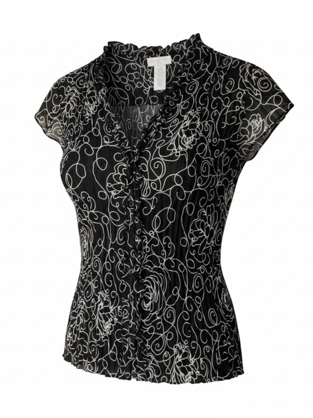Worthington Black Floral-Scroll Ruffle V-Neck Blouse